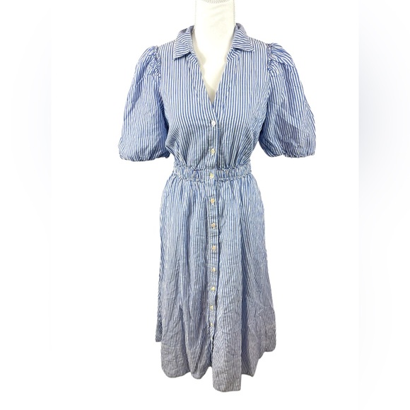 Lilly Pulitzer Tassie Elbow Puff Sleeve Midi Stripe Shirt Dress Coastal Blue - Picture 5 of 11